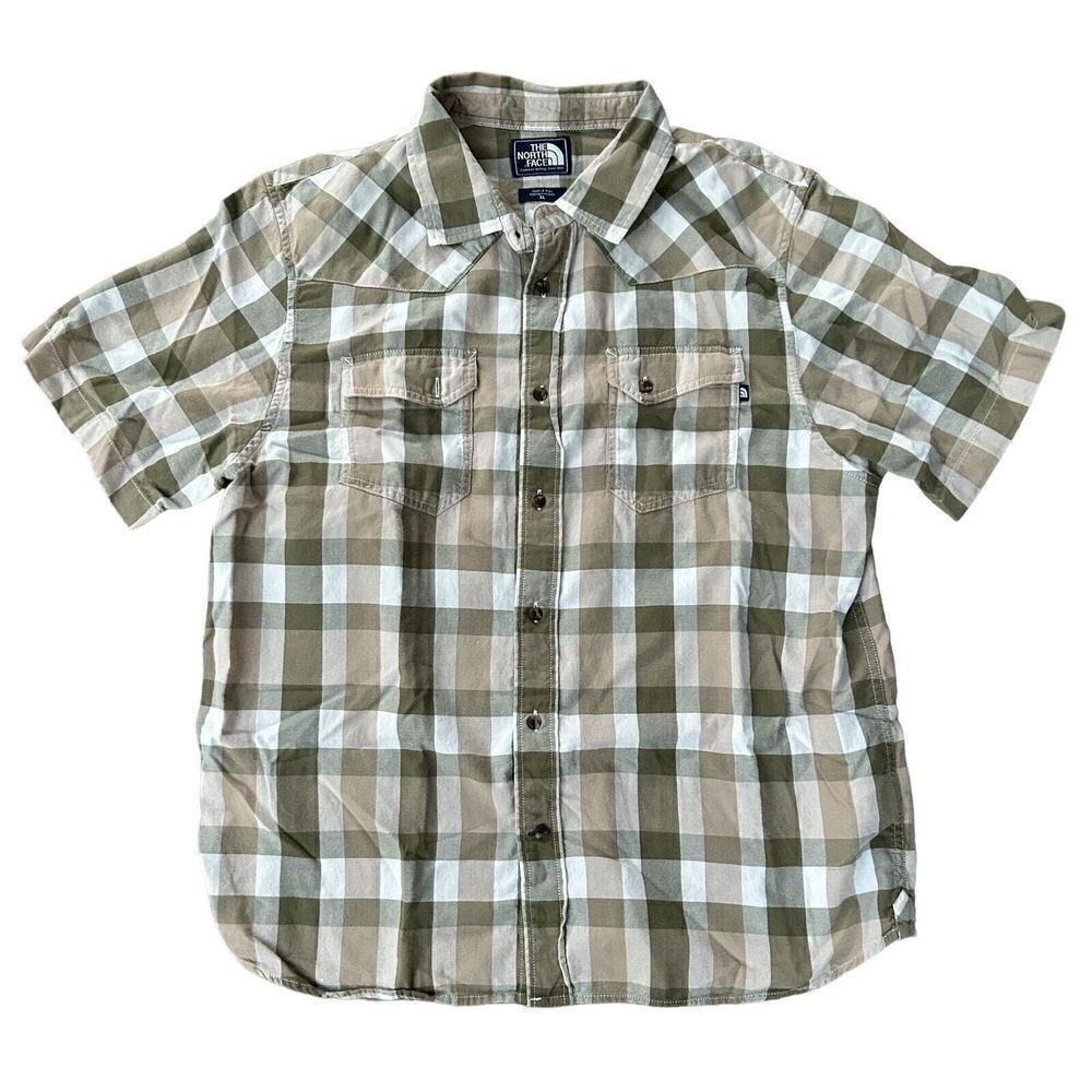 The North Face Men's Short Sleeve Button Down Striped Plaid Shirt Sz XL Cotton‎